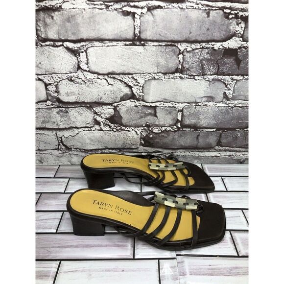 Taryn Rose Brown Leather Stone Slides Strap Heel Sandals Women Sz 38EU/7.5M US - Picture 5 of 16